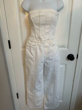Zara Off-White Strapless Denim Jumpsuit